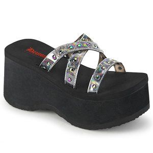 Demonia Funn-19 Black Platform Sandals with Metallic Silver Studded Straps